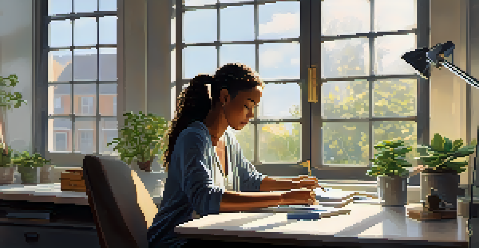 An individual at a desk with eyes closed, practicing mindfulness, surrounded by a tidy workspace and a small desk plant, with soft sunlight pouring in.