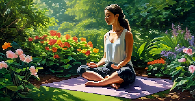 A person meditating in a beautiful garden filled with colorful flowers and greenery, with sunlight streaming through the leaves.