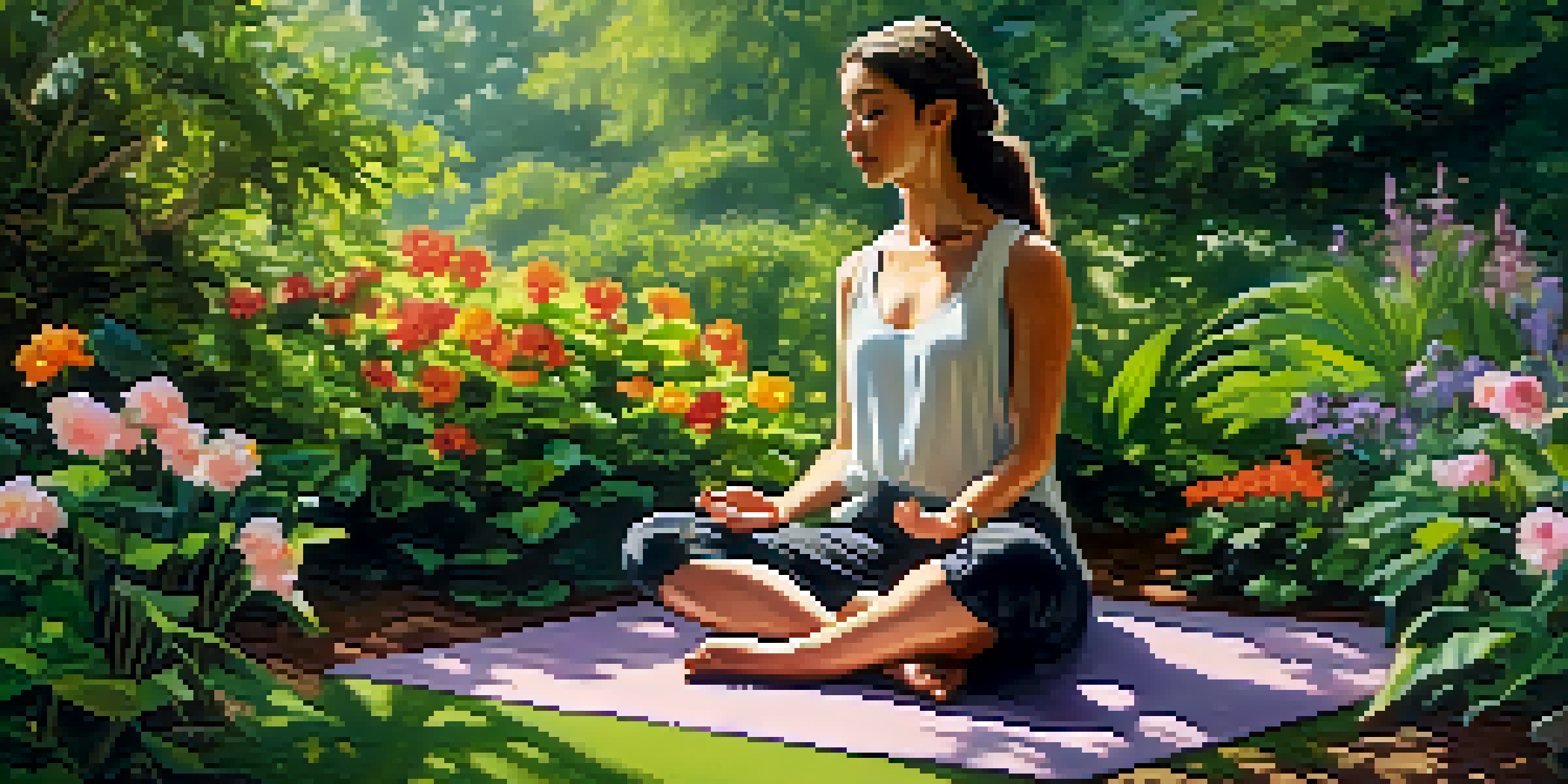 A person meditating in a beautiful garden filled with colorful flowers and greenery, with sunlight streaming through the leaves.