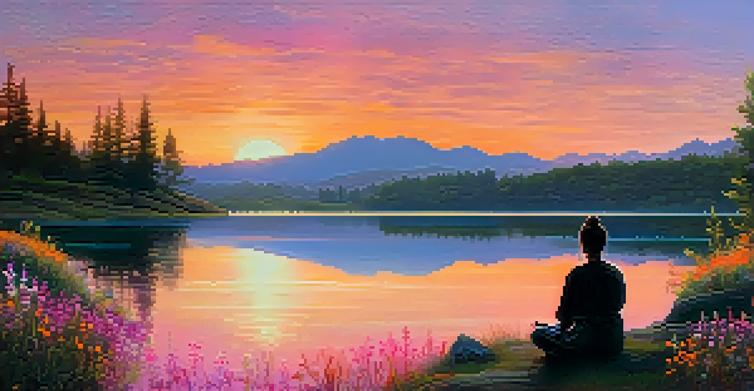 A person meditating by a peaceful lake at sunrise, surrounded by colorful reflections and blooming flowers.