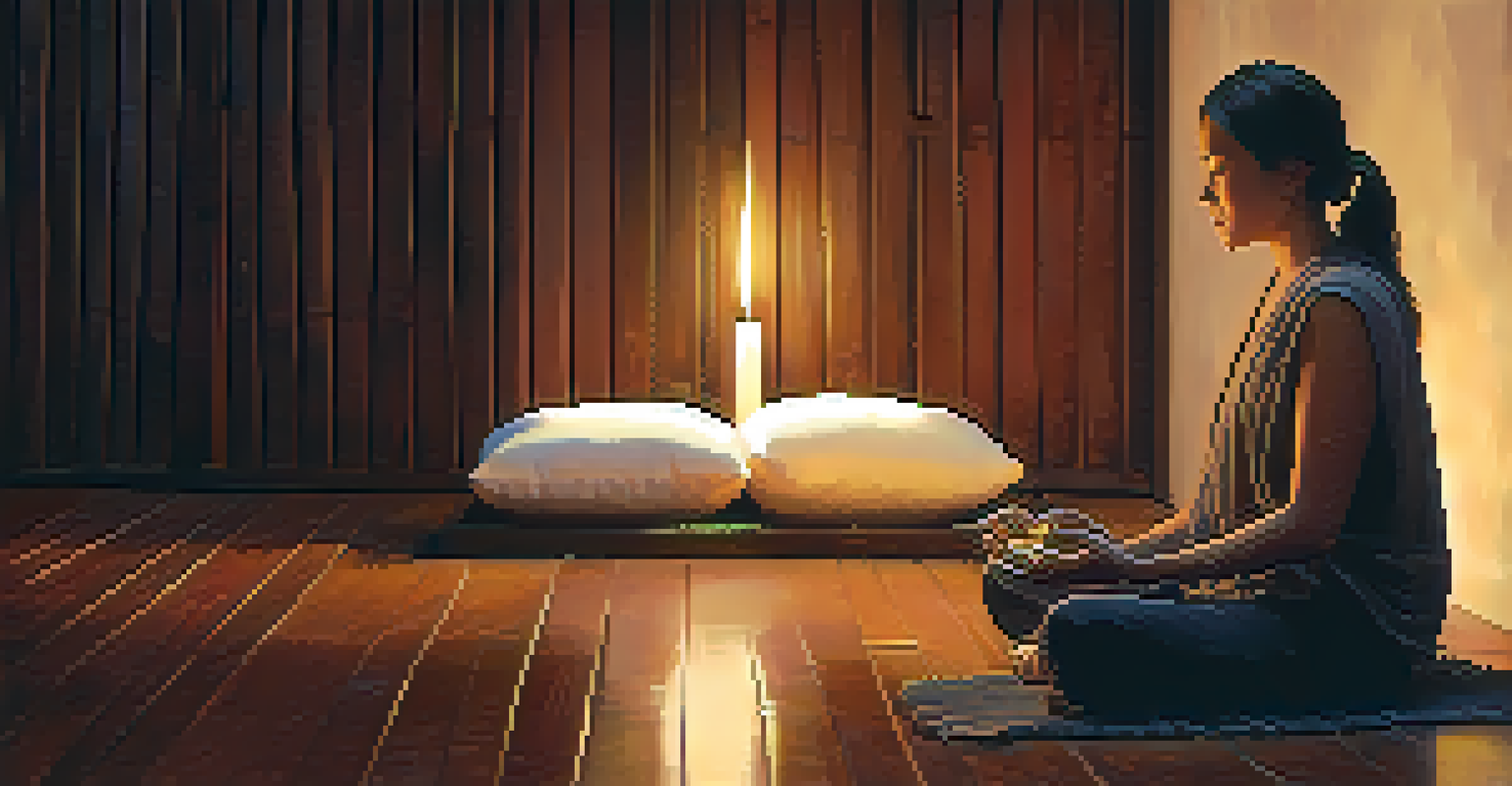 A close-up of a person practicing loving-kindness meditation on a wooden floor, with candlelight in the background.
