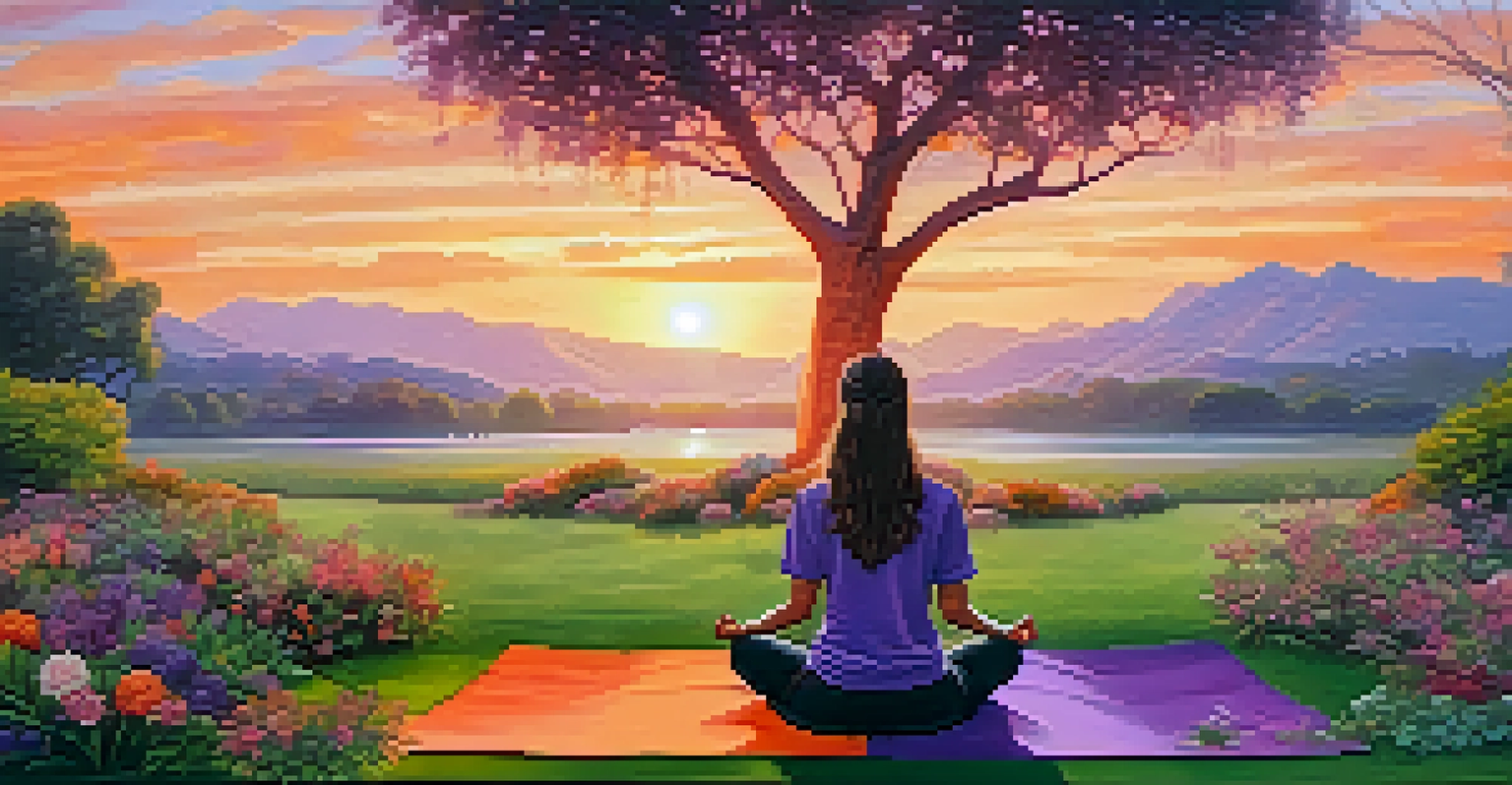 A person meditating in a park at sunset, surrounded by trees and flowers.