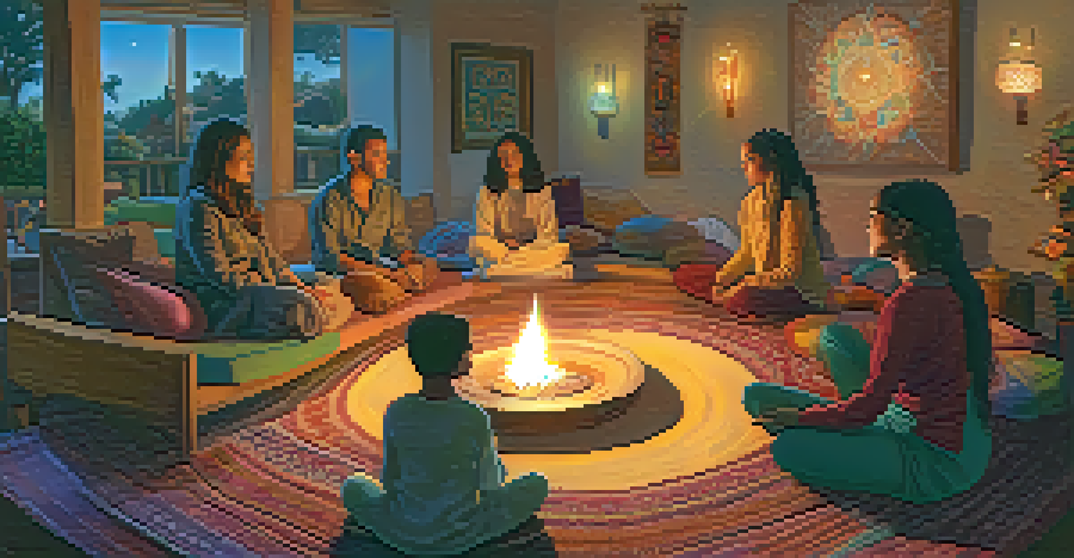 Family members sharing their spiritual practices in a cozy circle, surrounded by candles and colorful decorations.