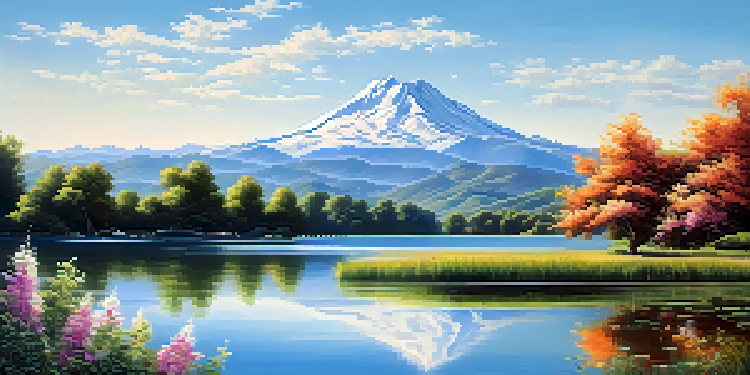 A tranquil lake reflecting a blue sky, surrounded by green trees and flowers, with mountains in the background.
