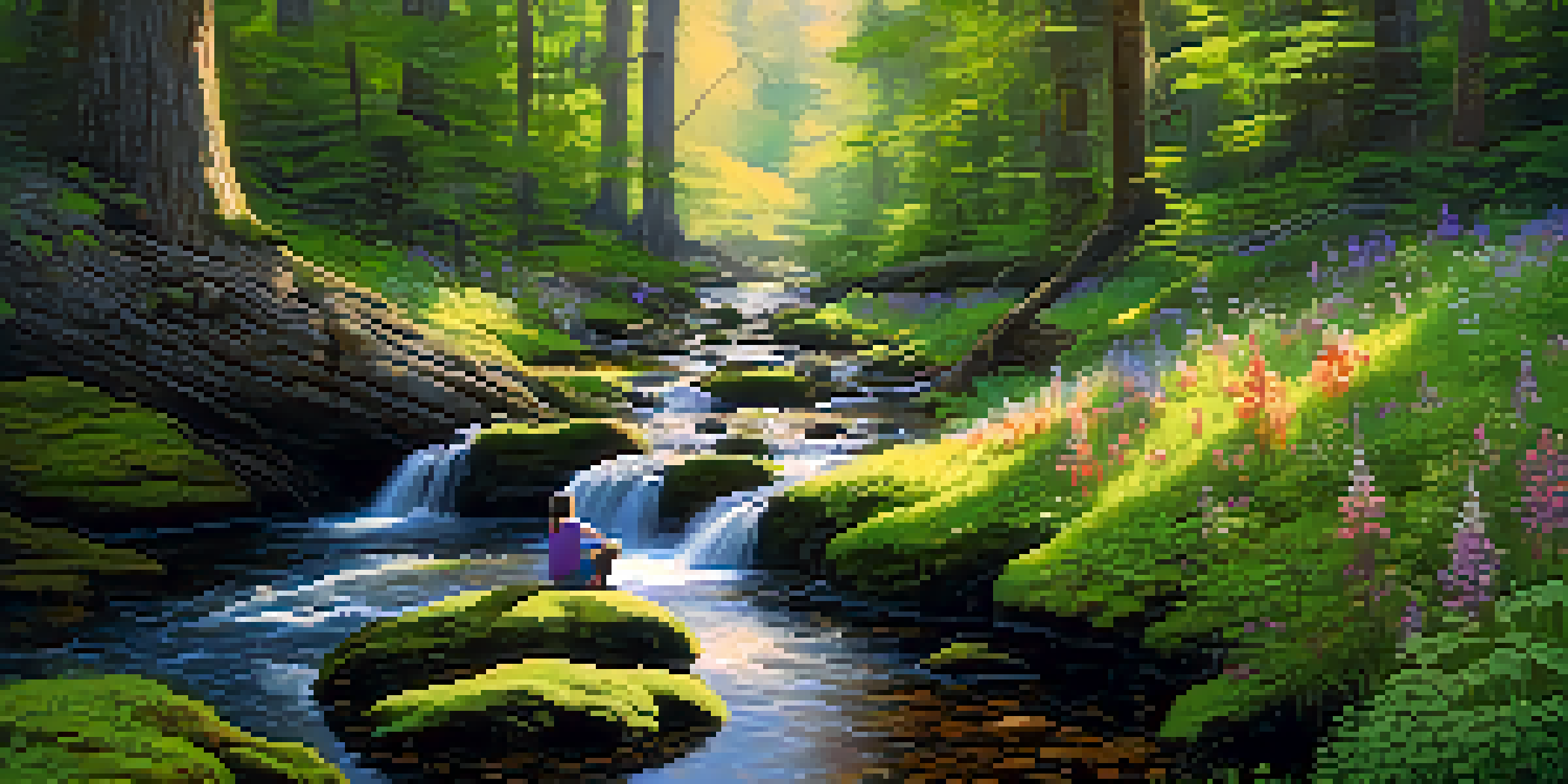 A tranquil forest with sunlight filtering through the trees, a stream flowing by, and a person meditating on a mossy rock.