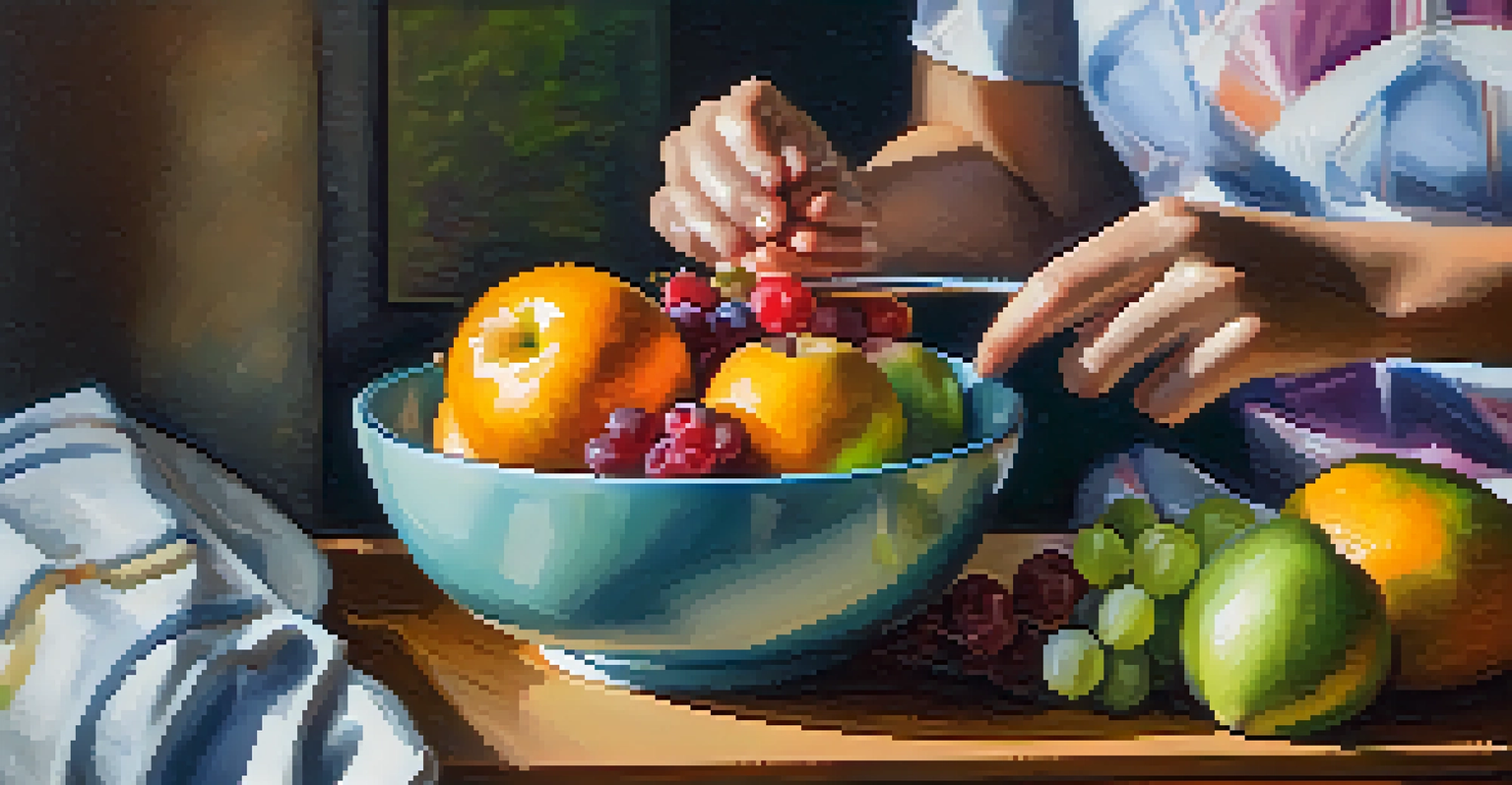 Close-up of hands holding a bowl of fresh fruits during a mindful eating moment.