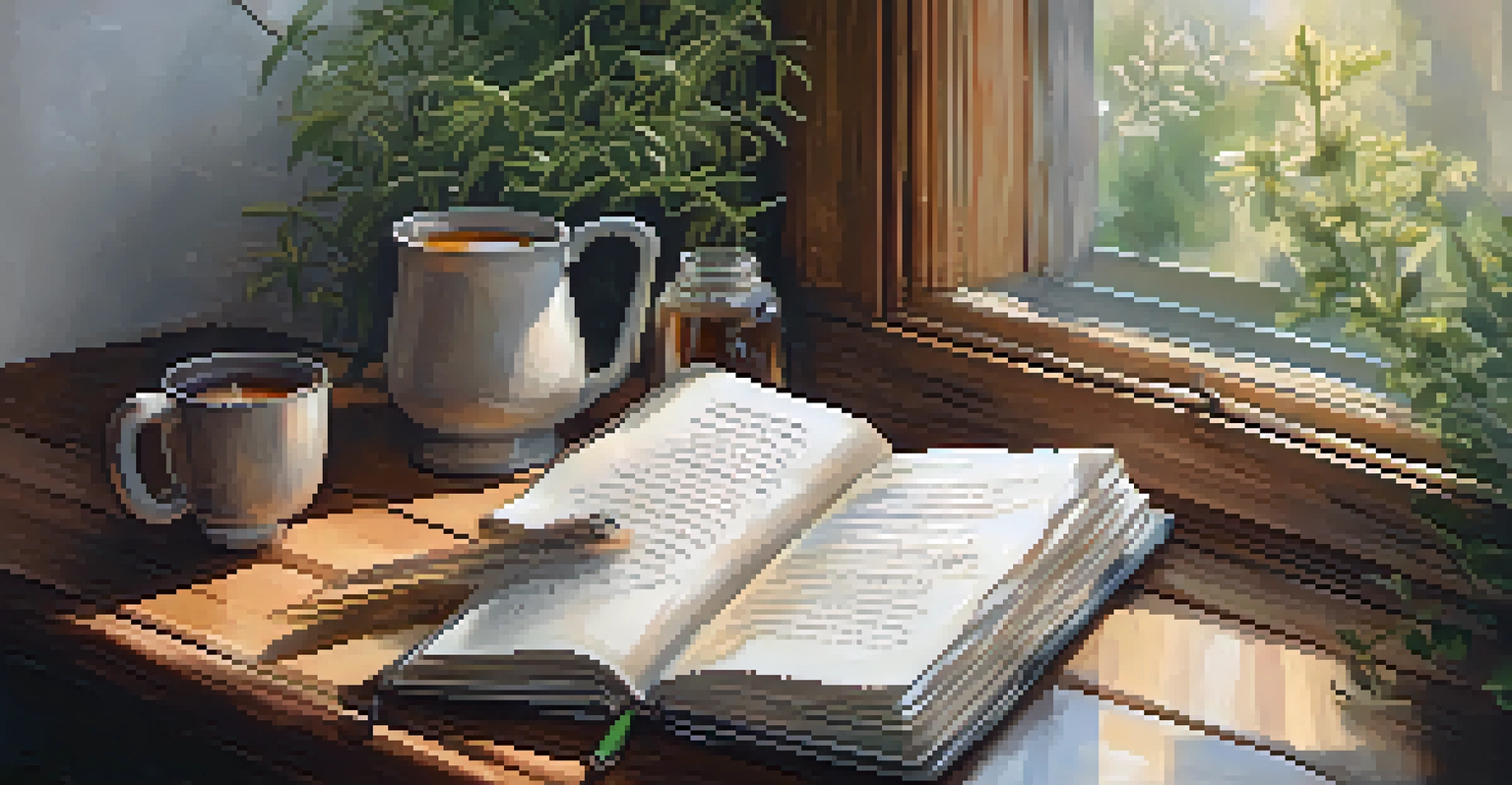 A close-up of a hand holding a journal and pen next to a cup of tea, with natural light highlighting the cozy setting.