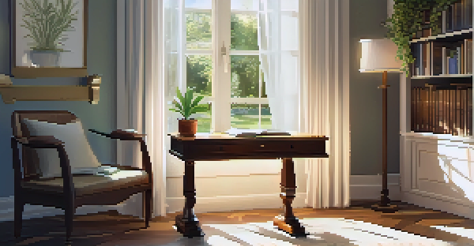 A peaceful writing space with a wooden desk, a journal, a fountain pen, and a potted plant illuminated by soft sunlight.