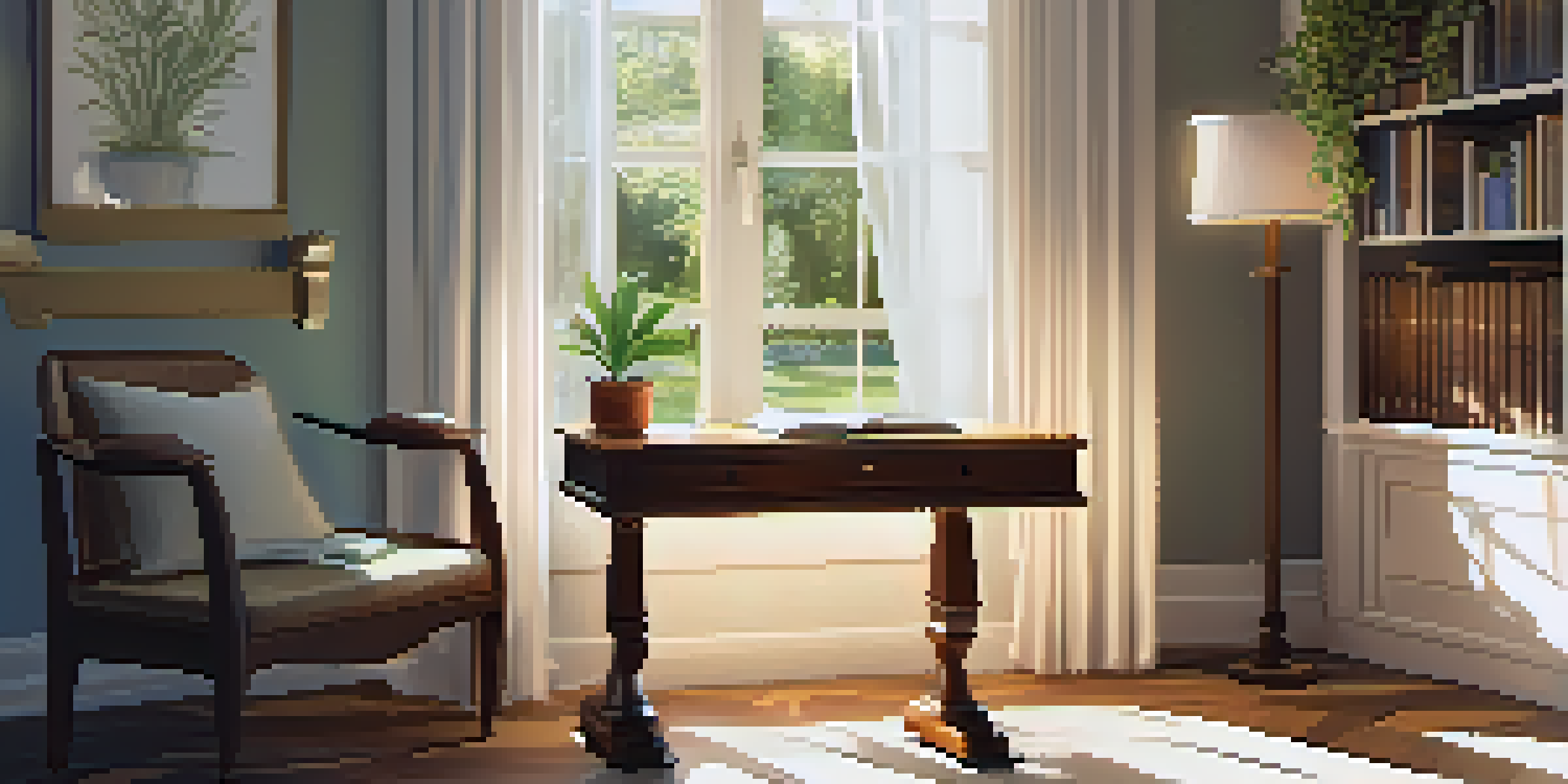A peaceful writing space with a wooden desk, a journal, a fountain pen, and a potted plant illuminated by soft sunlight.