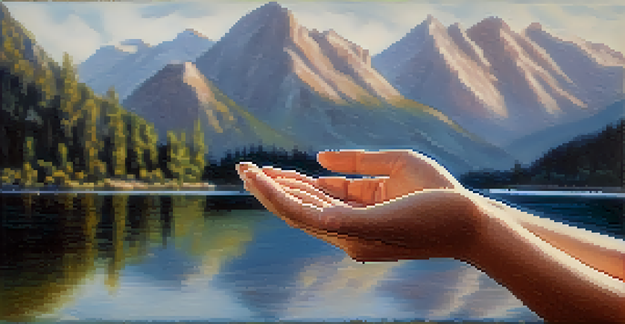 Close-up of hands in a mudra gesture against a serene lake and mountain backdrop.