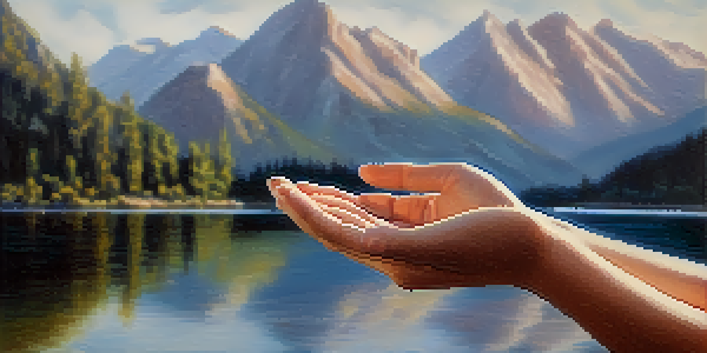 Close-up of hands in a mudra gesture against a serene lake and mountain backdrop.