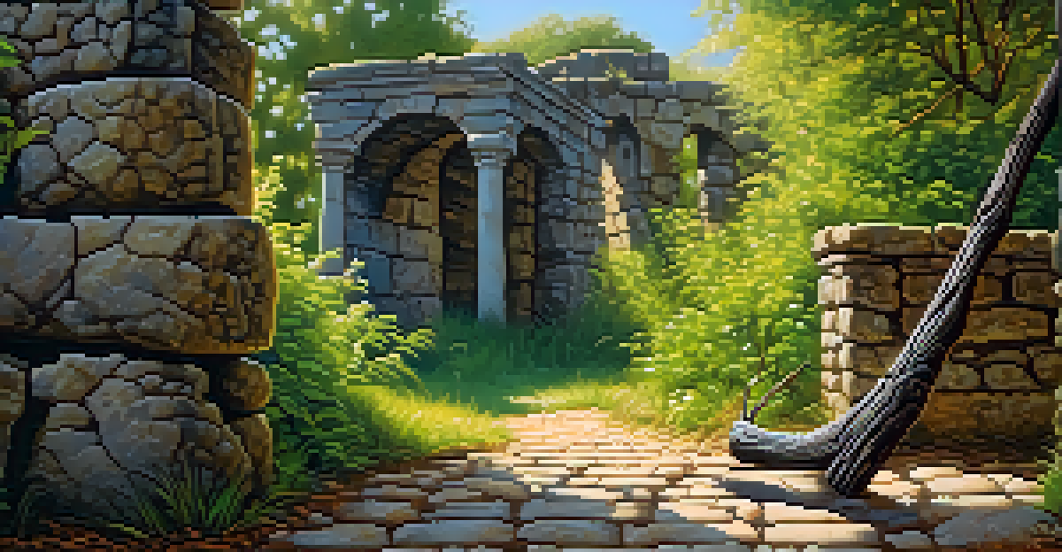 A weathered walking stick on a cobblestone path, with ancient stone ruins and vibrant greenery in the background, illuminated by sunlight filtering through trees.