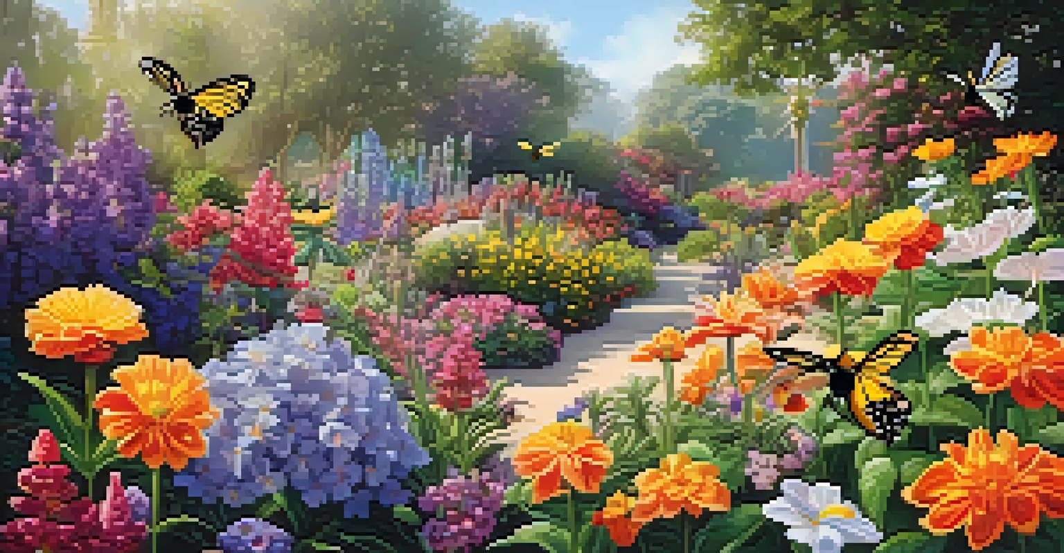 A close-up view of a vibrant garden with blooming flowers and buzzing bees in soft morning light.