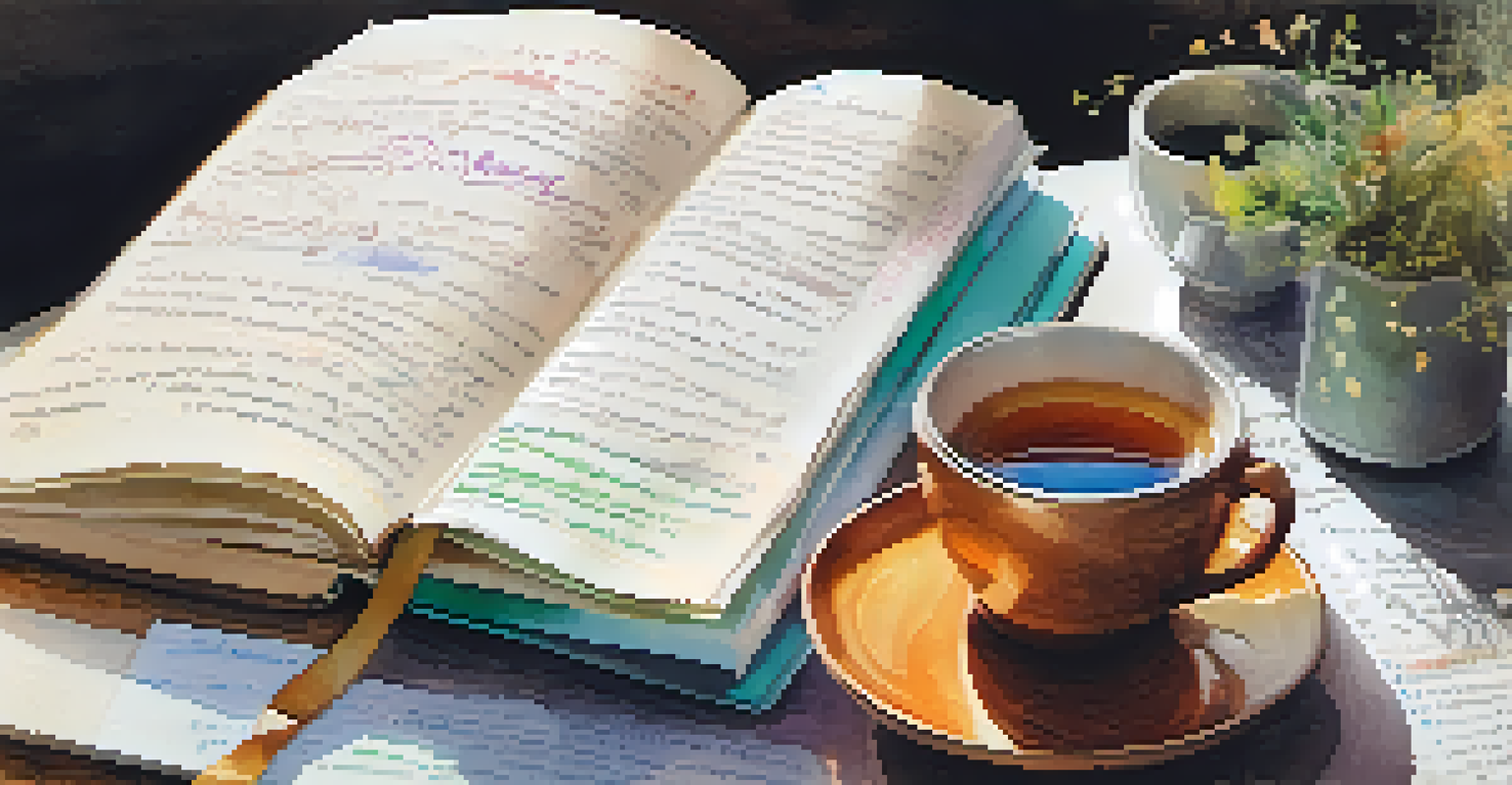 A close-up of an open journal filled with handwritten notes, sketches, and a cup of herbal tea, illuminated by warm light.