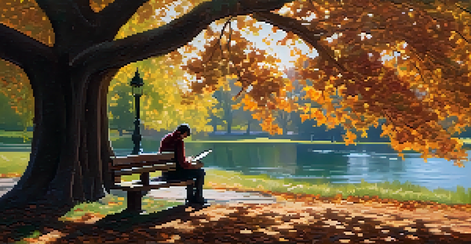 A person sitting on a park bench, writing in a journal, surrounded by nature with sunlight filtering through the trees.