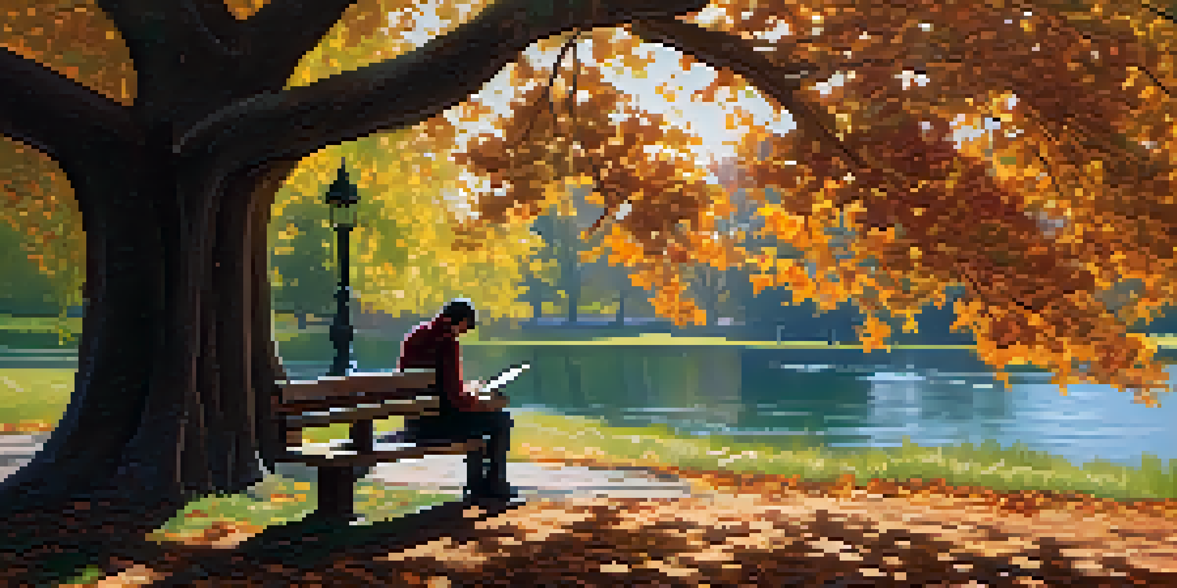 A person sitting on a park bench, writing in a journal, surrounded by nature with sunlight filtering through the trees.