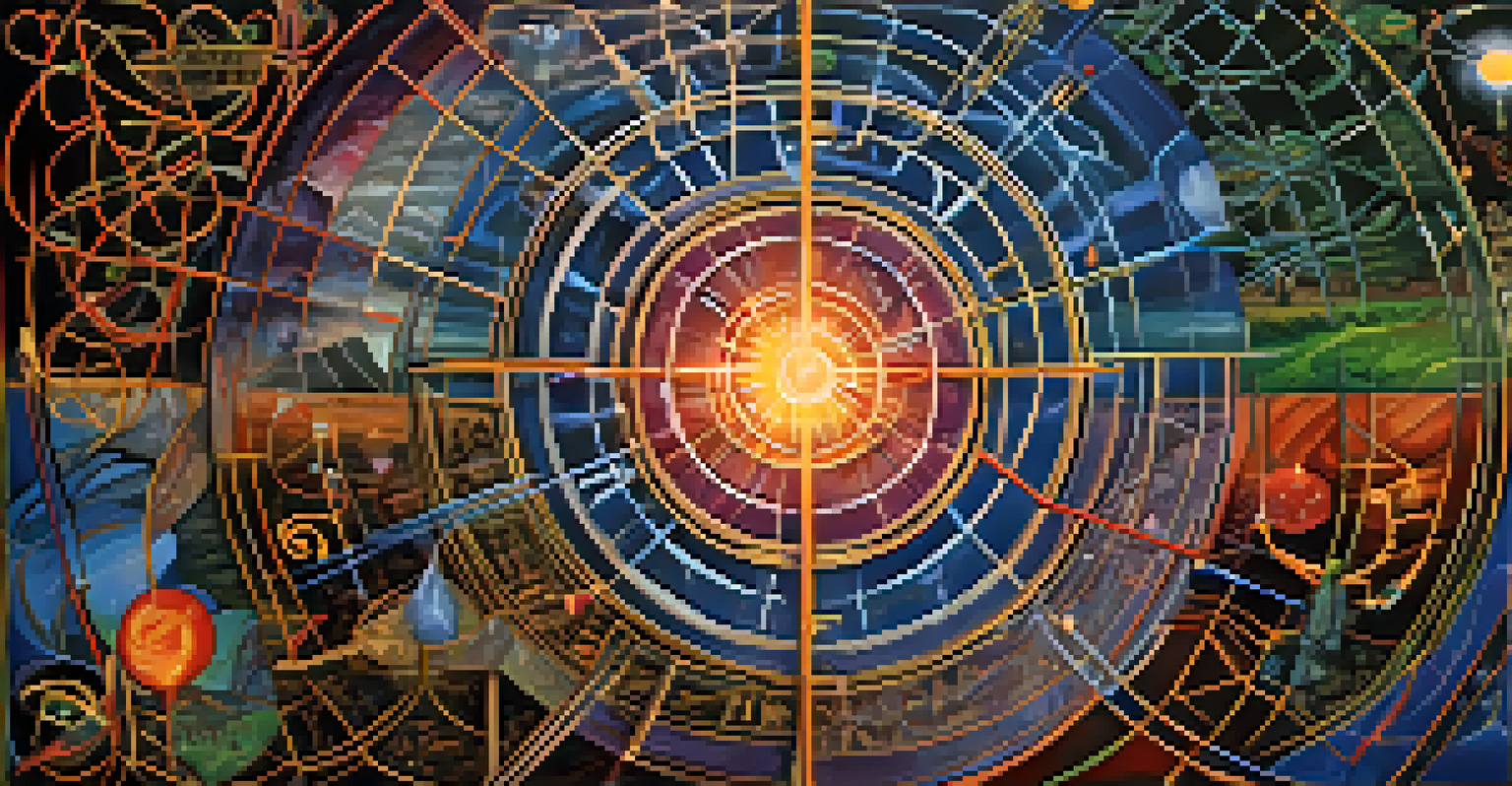 An abstract representation of karma, with interconnected paths and symbols of life choices, set against a background transitioning from dark to light.