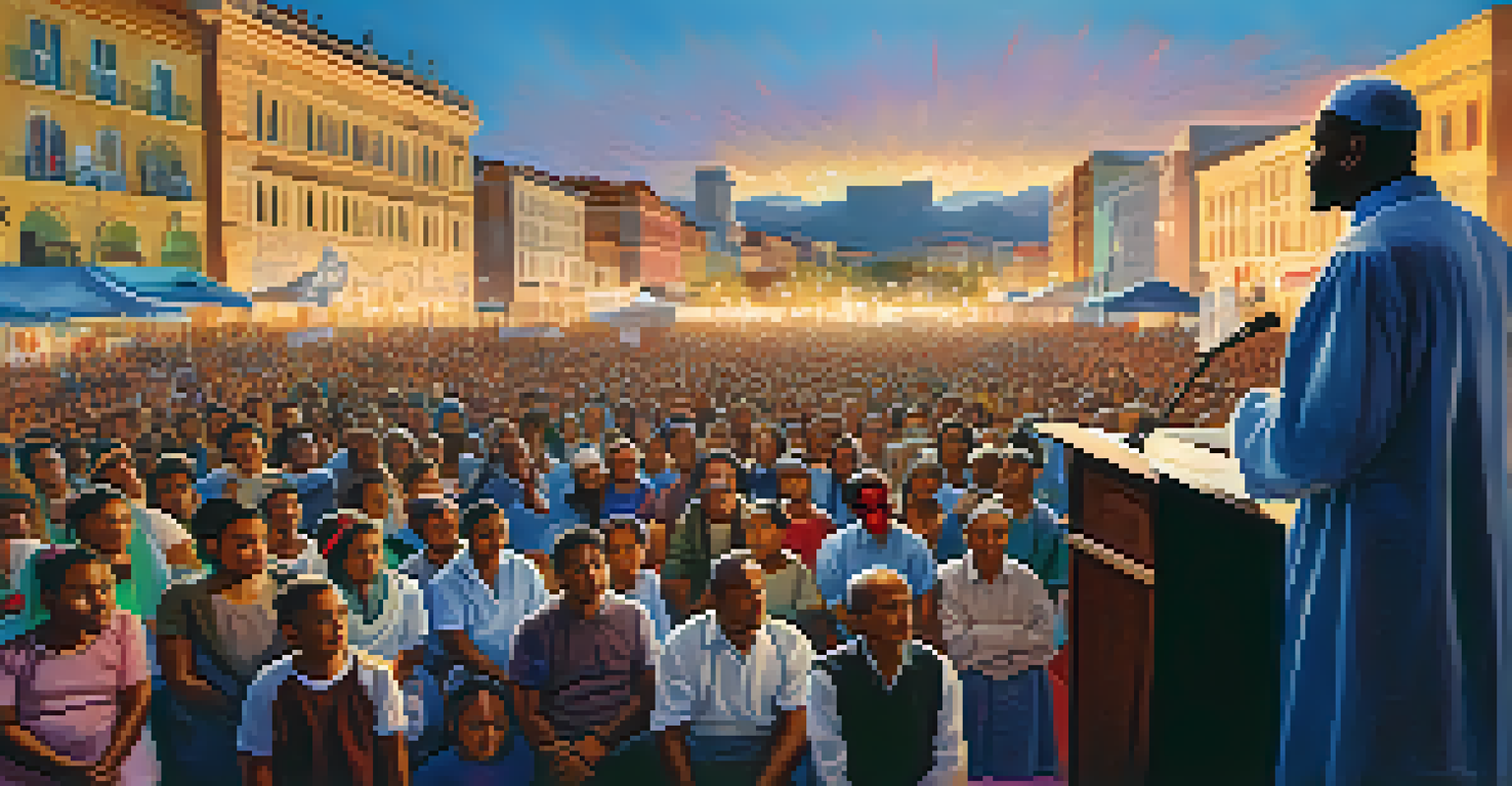 A spiritual leader speaking to a large crowd in a city square, with banners for social justice and a warm sunset in the background.
