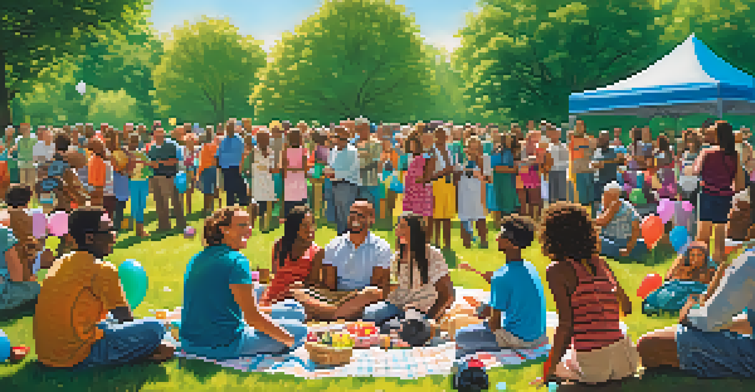 Diverse group of people in a park sharing gratitude moments, with balloons and a banner.