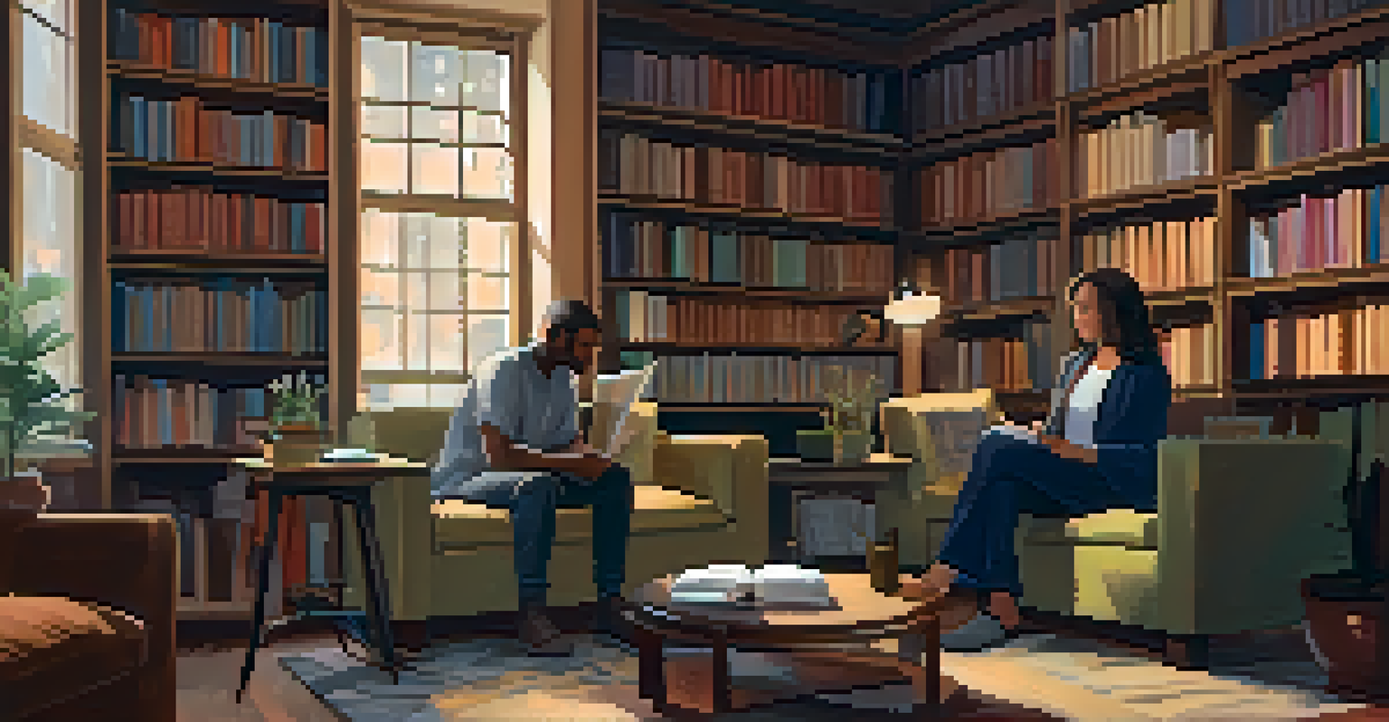 A mentor and mentee having a conversation in a cozy room filled with books and warm lighting.
