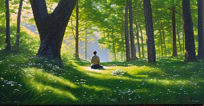A peaceful forest scene with sunlight filtering through the trees, showing a person meditating on the grass surrounded by wildflowers.