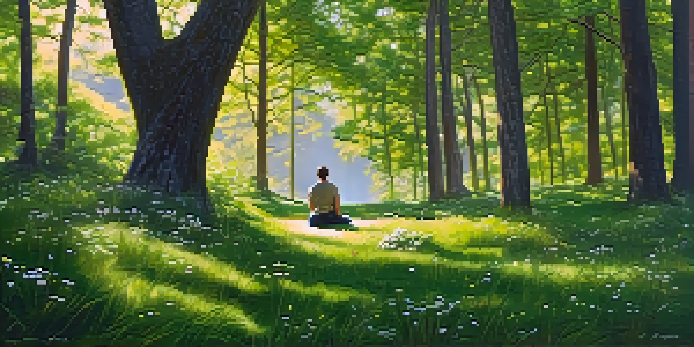 A peaceful forest scene with sunlight filtering through the trees, showing a person meditating on the grass surrounded by wildflowers.