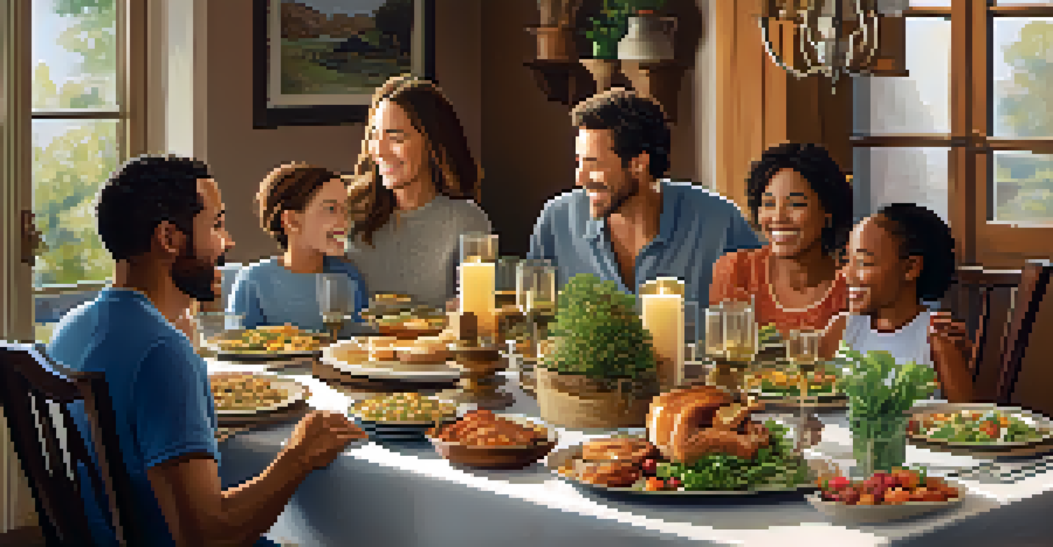 A warm family gathering at a dining table with delicious food and family members sharing laughter.