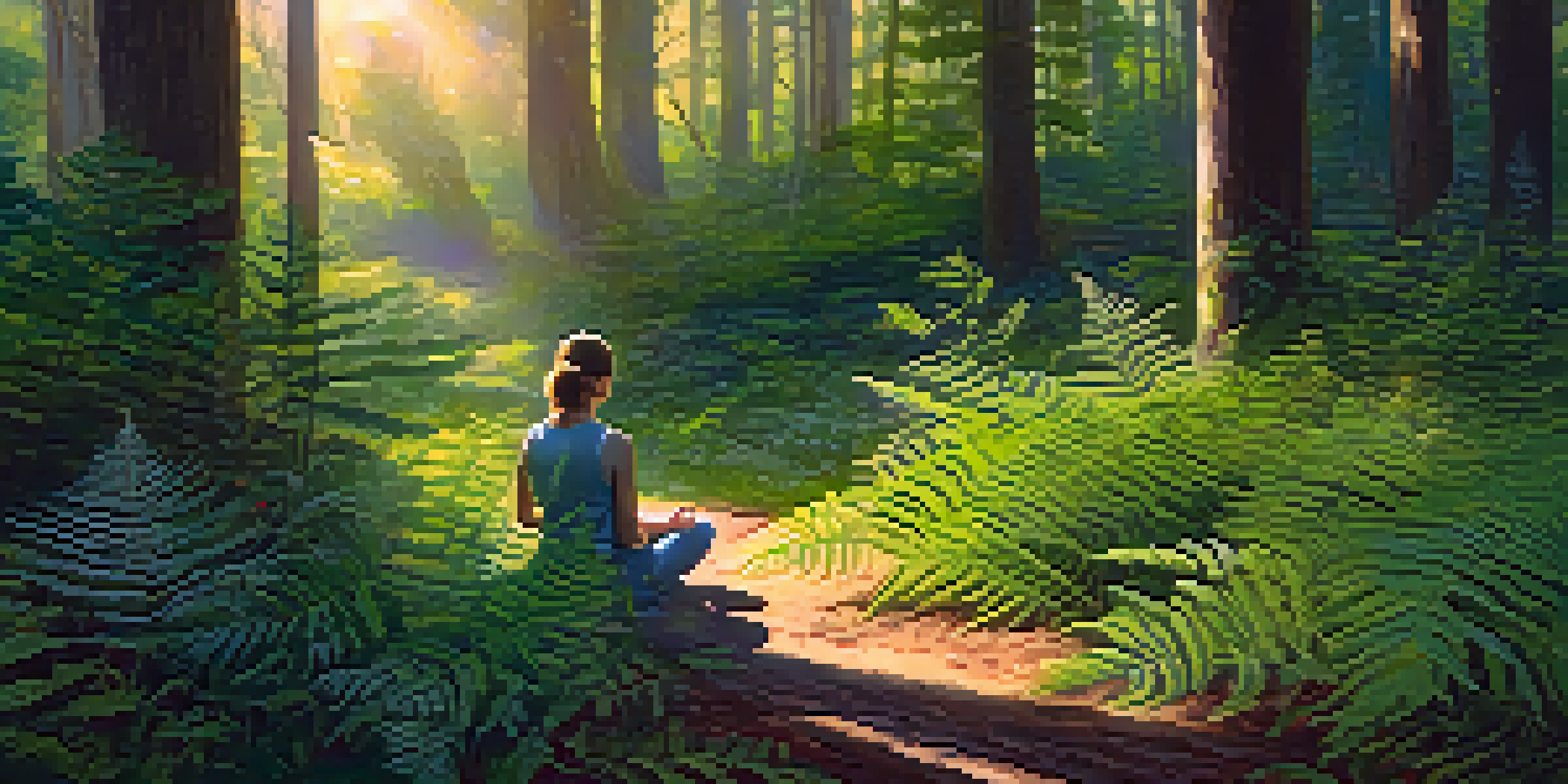 A person meditating in a lush green forest during sunset, with sunlight streaming through the trees.