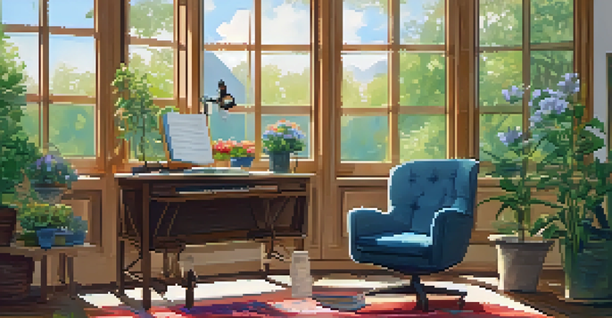 A cozy podcasting setup with a microphone, journal, and a cup of tea in a room with a garden view.