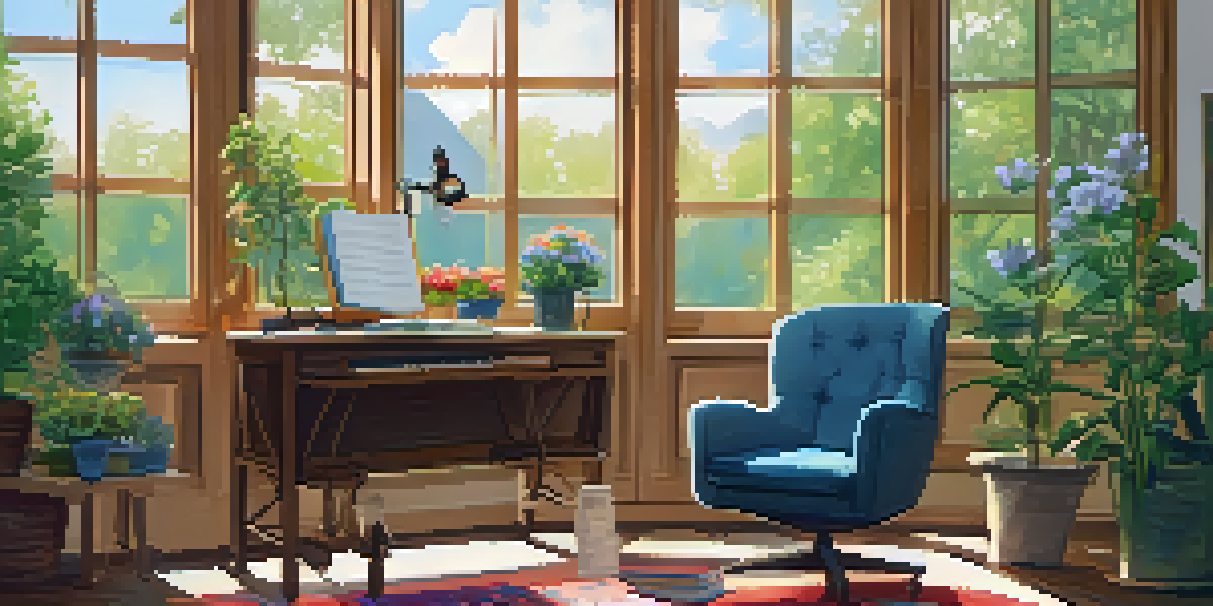 A cozy podcasting setup with a microphone, journal, and a cup of tea in a room with a garden view.