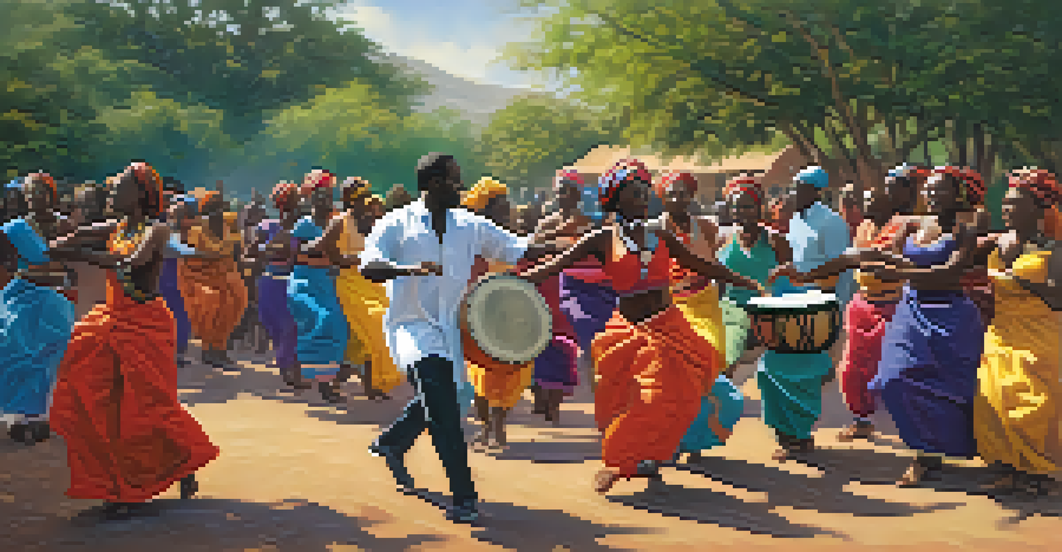 A group of people dancing around a Djembe drum in a colorful outdoor setting.
