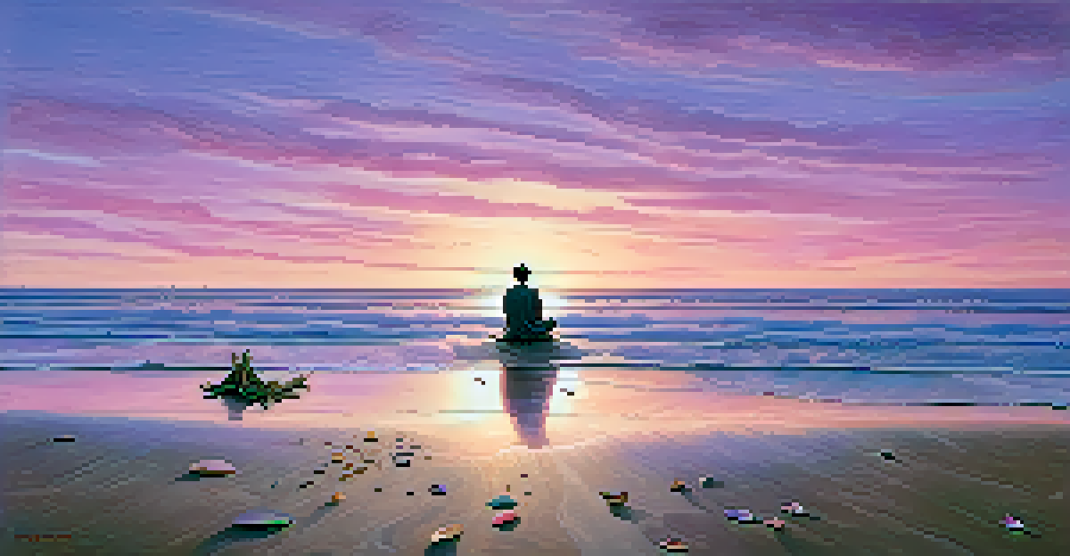 A person meditating on a beach at sunset, with colorful skies and calm waves.