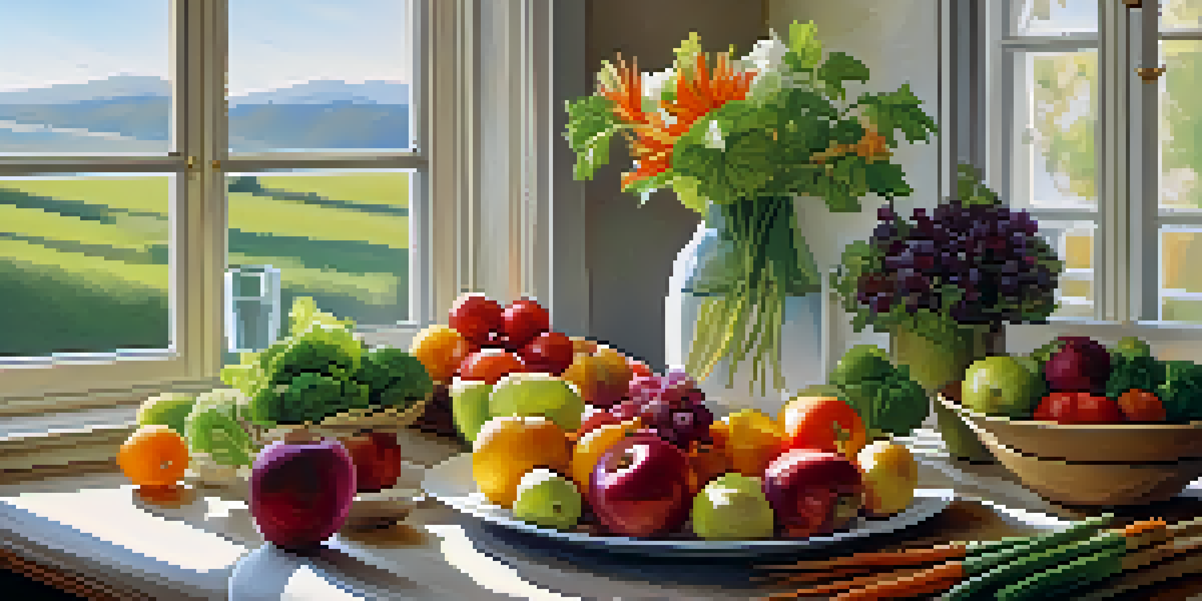 A beautifully arranged dining table with colorful fresh vegetables and fruits, illuminated by soft natural light.