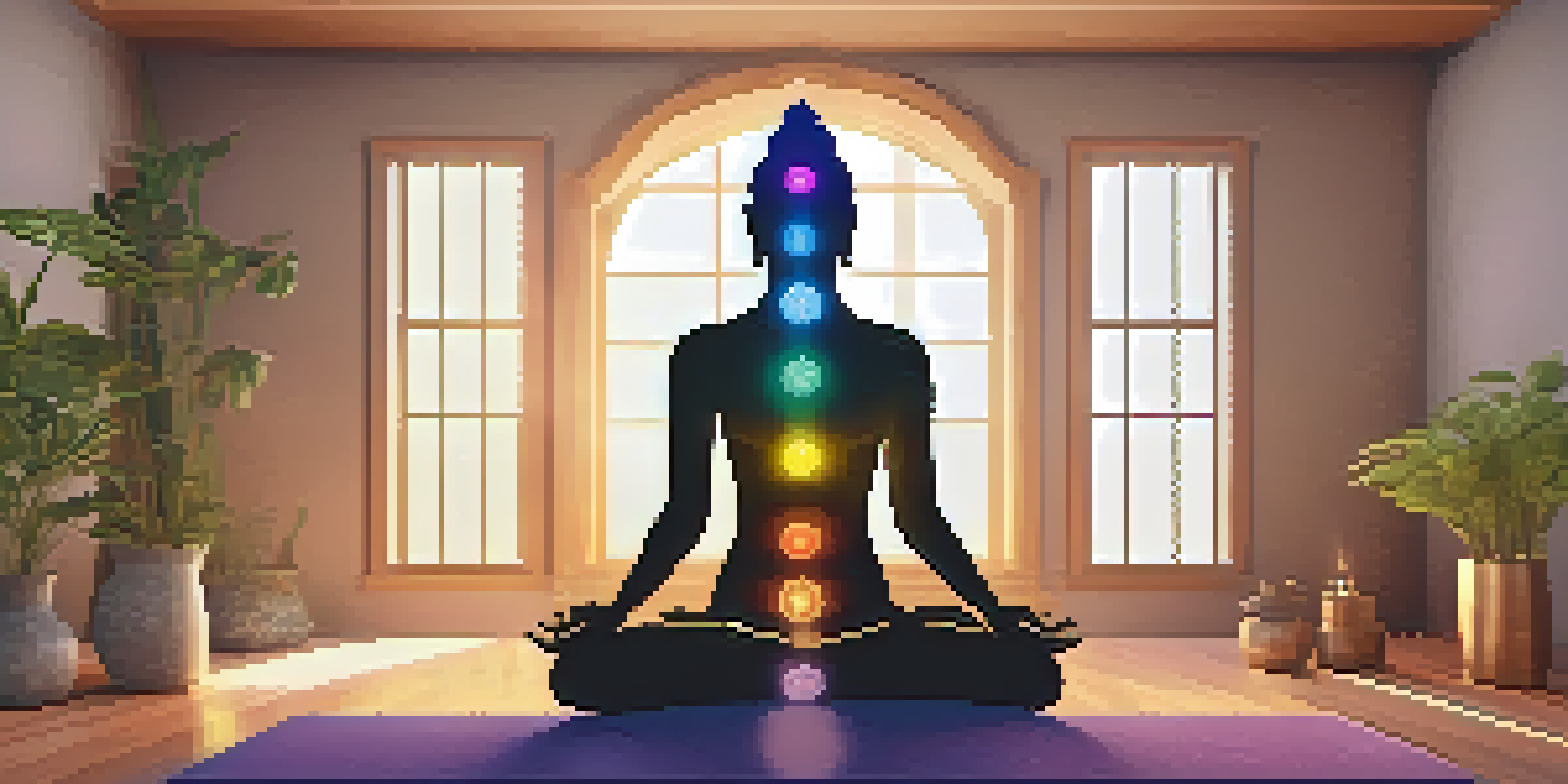 A peaceful meditation area featuring a soft mat, candles, plants, and a chakra poster on the wall, creating a tranquil atmosphere for meditation.