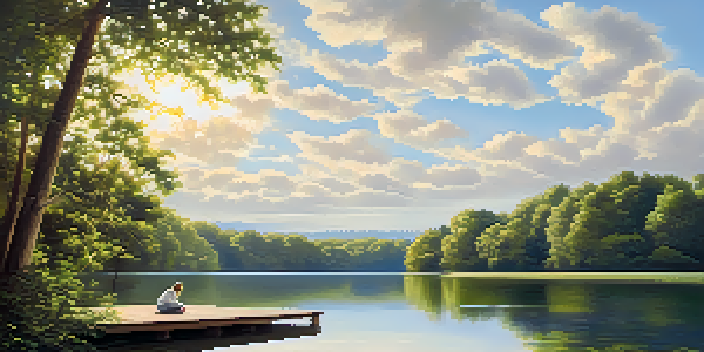 A peaceful landscape with a tranquil lake, lush trees, and a person meditating on a dock under soft sunlight.