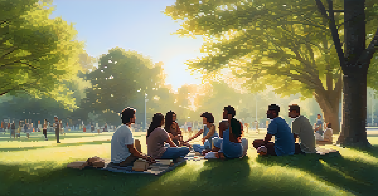 A diverse group of people sitting in a circle in a park, sharing stories and supporting each other.