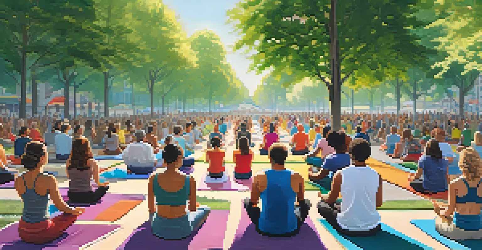 A diverse group of people meditating together in a sunny park, surrounded by colorful banners and trees.