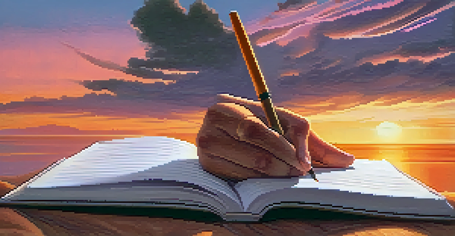 A hand writing in a journal during sunset, with warm colors in the sky, symbolizing reflection.