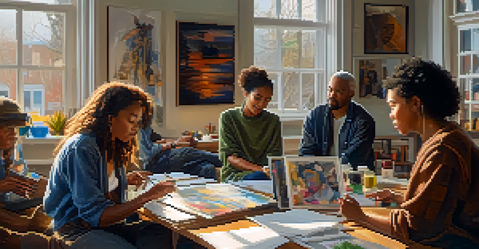 A group of diverse artists in a studio, discussing and sharing ideas, surrounded by various artworks and bright natural light.
