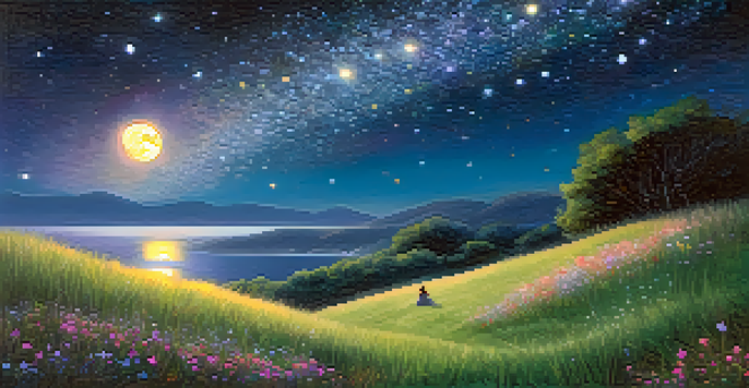 A person lying on a grassy hill under a starry night sky, looking at a glowing moon, surrounded by wildflowers.