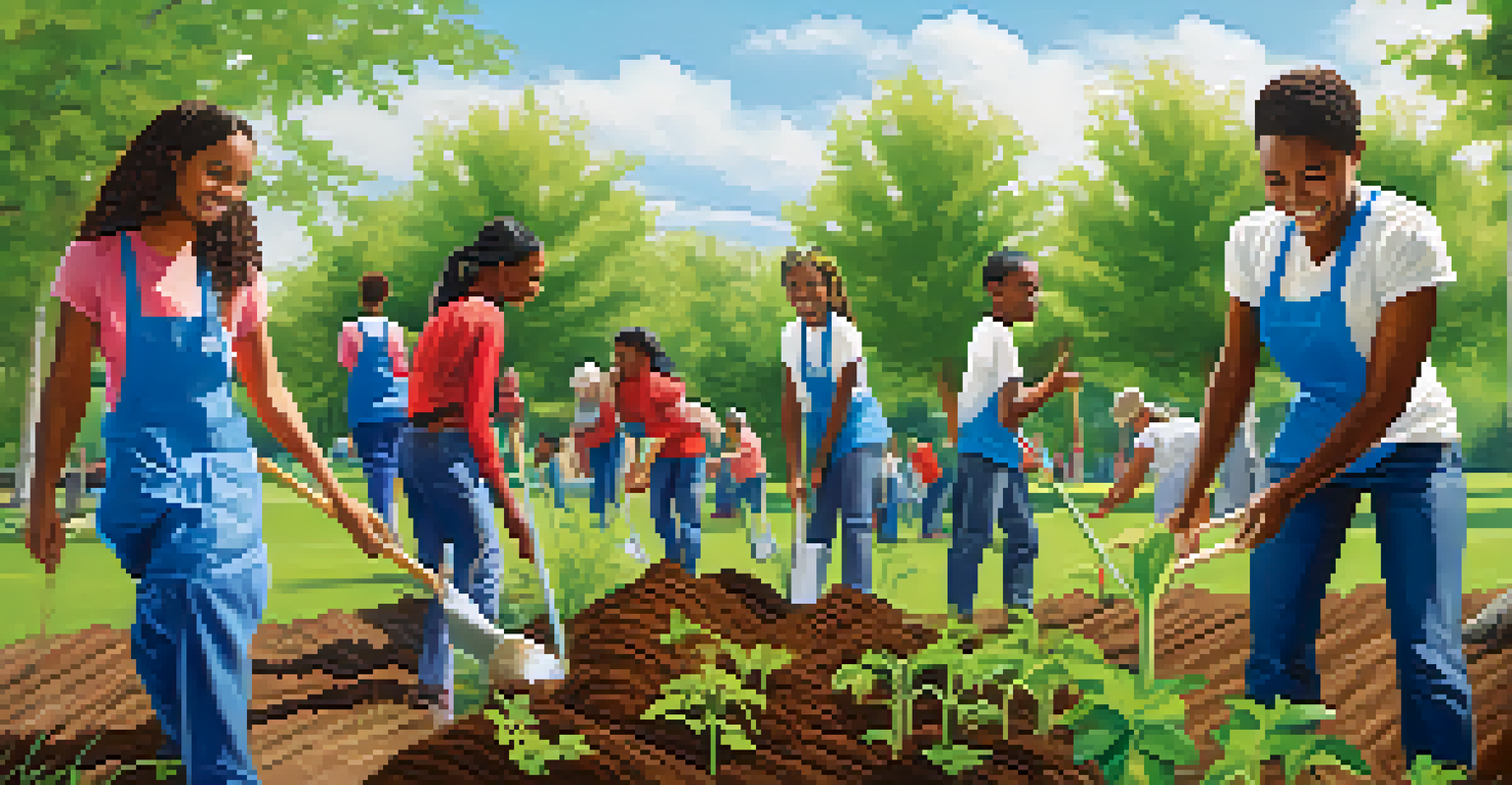 A diverse group of people planting trees in a park, showcasing community and compassion.