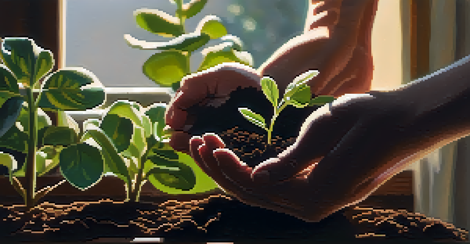 Close-up of hands holding a small plant in soil, with a sunlit window in the background.