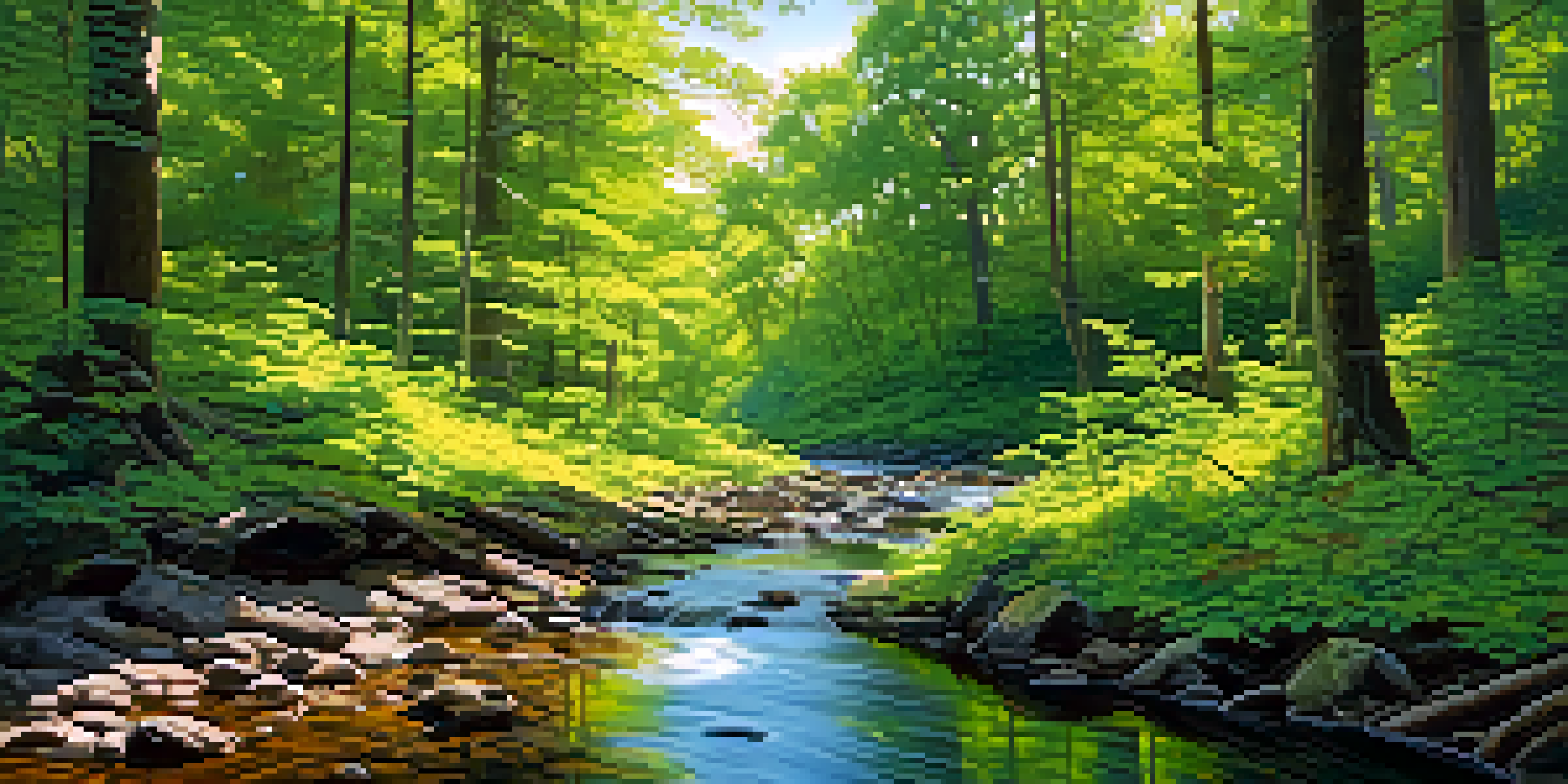 A serene forest scene with sunlight filtering through the trees and a gentle stream flowing in the foreground.