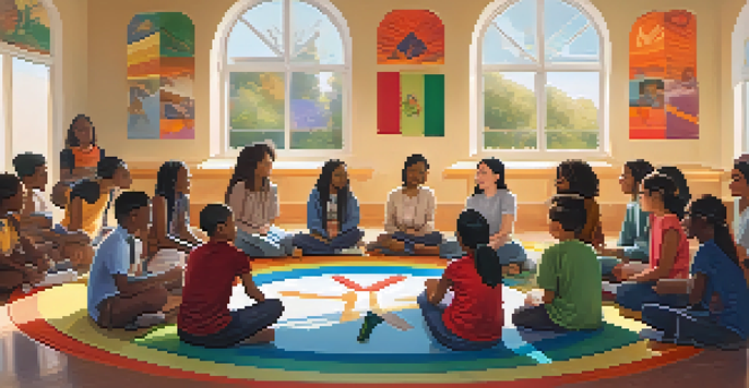 A diverse group of students participating in a sharing circle in a welcoming classroom, with sunlight streaming through windows and colorful spiritual posters on the walls.