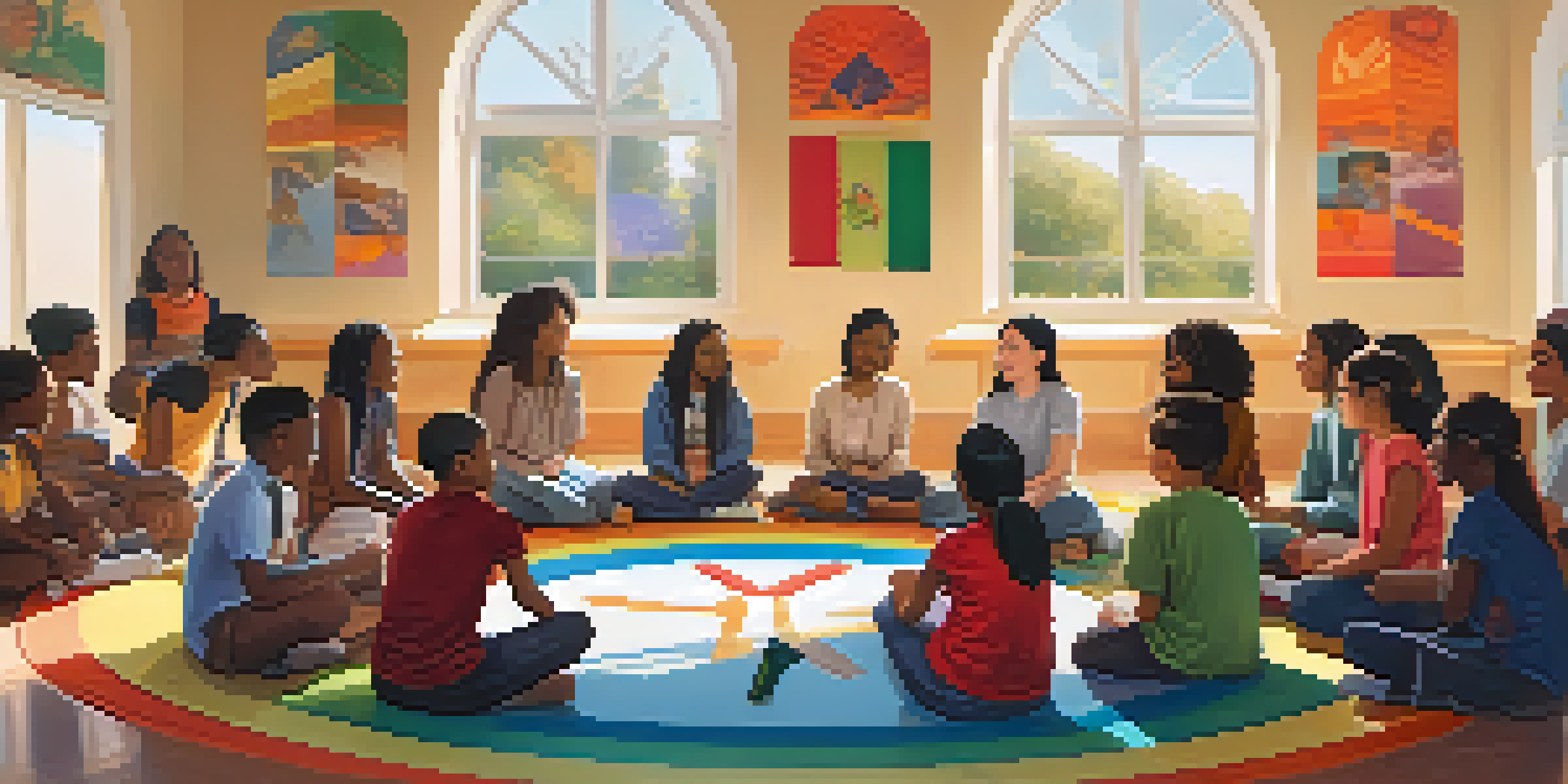 A diverse group of students participating in a sharing circle in a welcoming classroom, with sunlight streaming through windows and colorful spiritual posters on the walls.