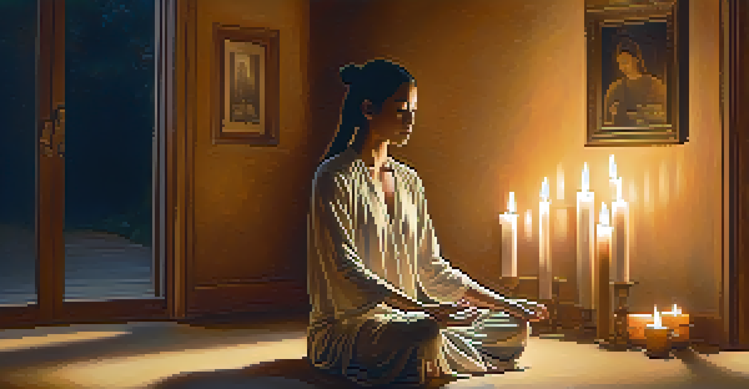 A person meditating in a dimly lit room surrounded by glowing candles, creating a warm and peaceful atmosphere.
