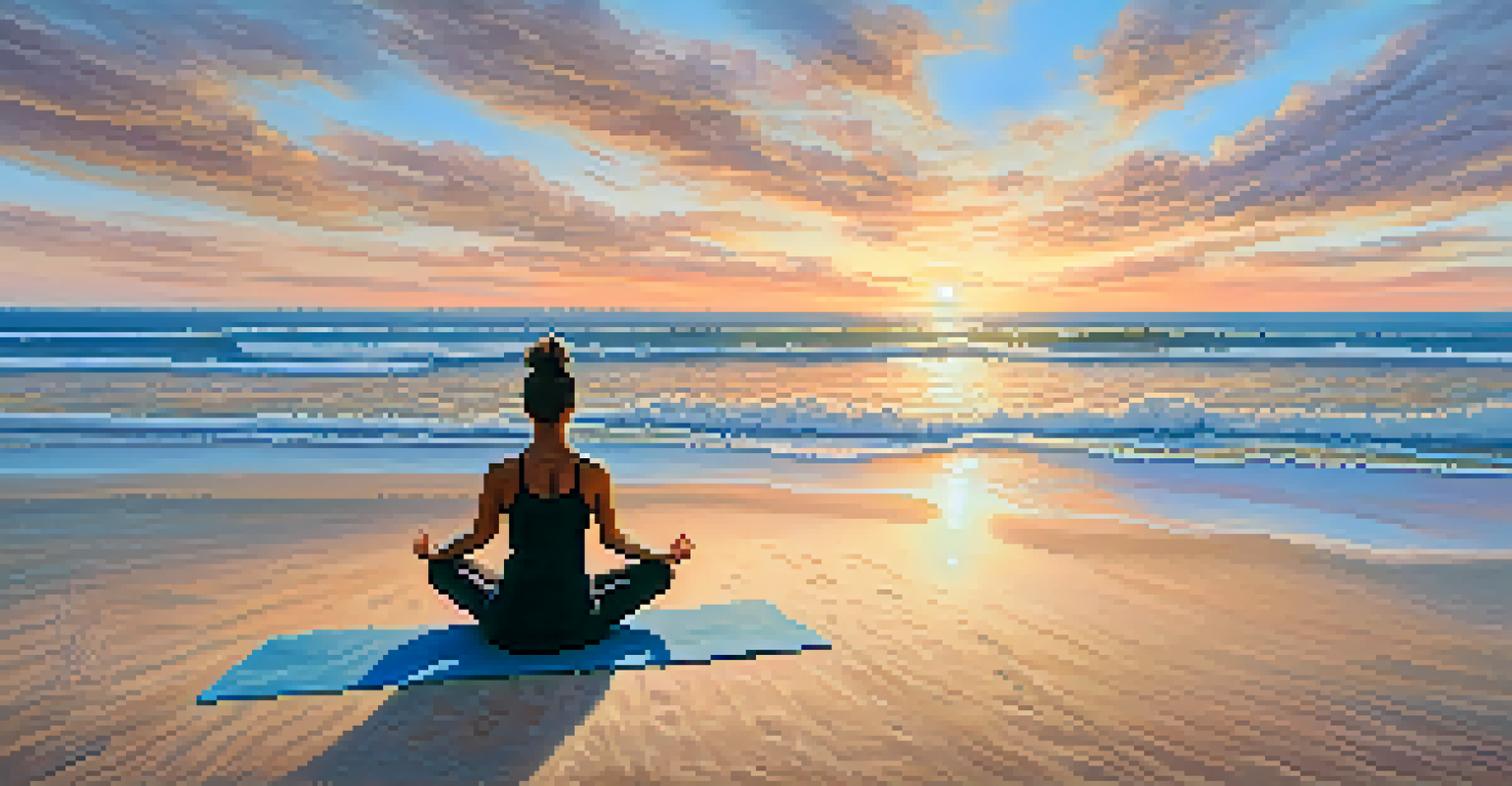 A tranquil beach at sunrise with a person practicing yoga on the sand, surrounded by waves and seashells.