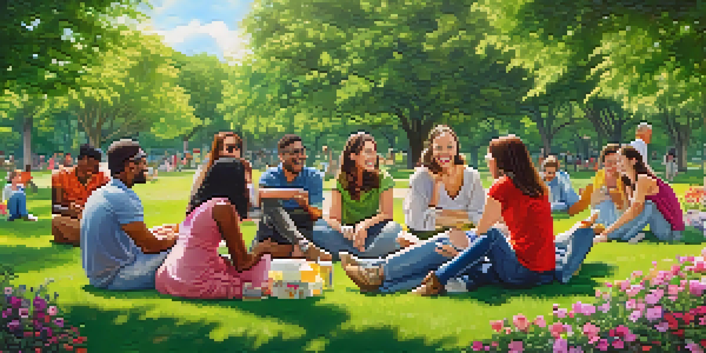 A diverse group of people enjoying each other's company in a colorful park, surrounded by nature, symbolizing meaningful connections.