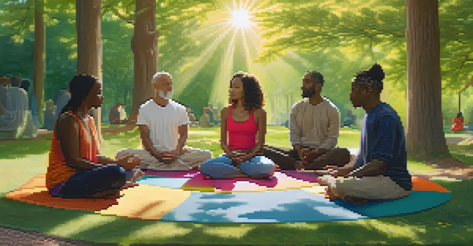 A diverse group of people meditating together in a serene outdoor environment, promoting community and mindfulness.