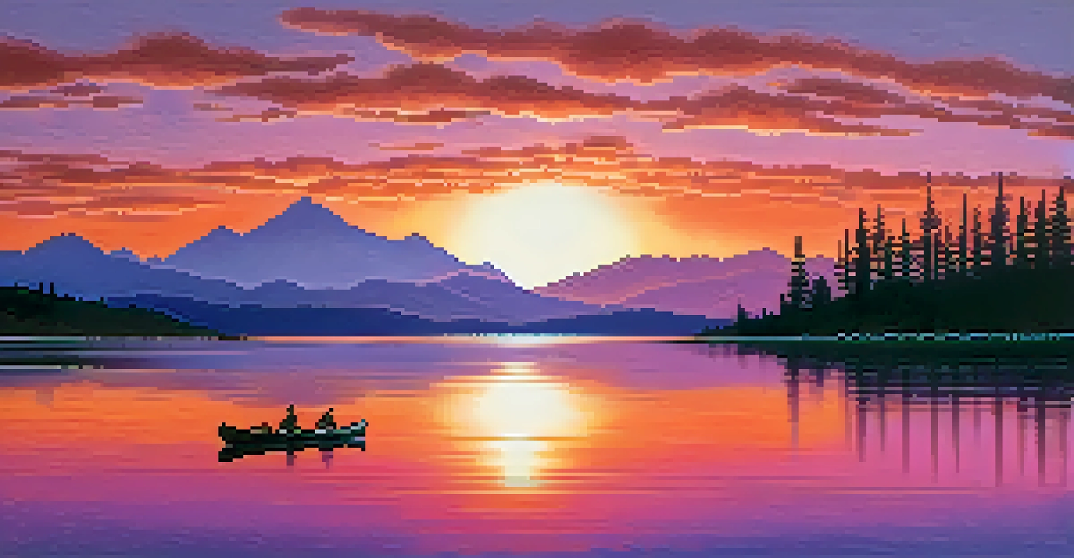 A tranquil lake at sunset with mountains in the background and a canoe on the water's surface.